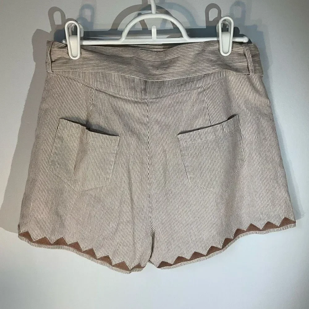Moon River Pleat Blanket Stitch Short Paper Bag Shorts. Brown Pinstripes, Medium